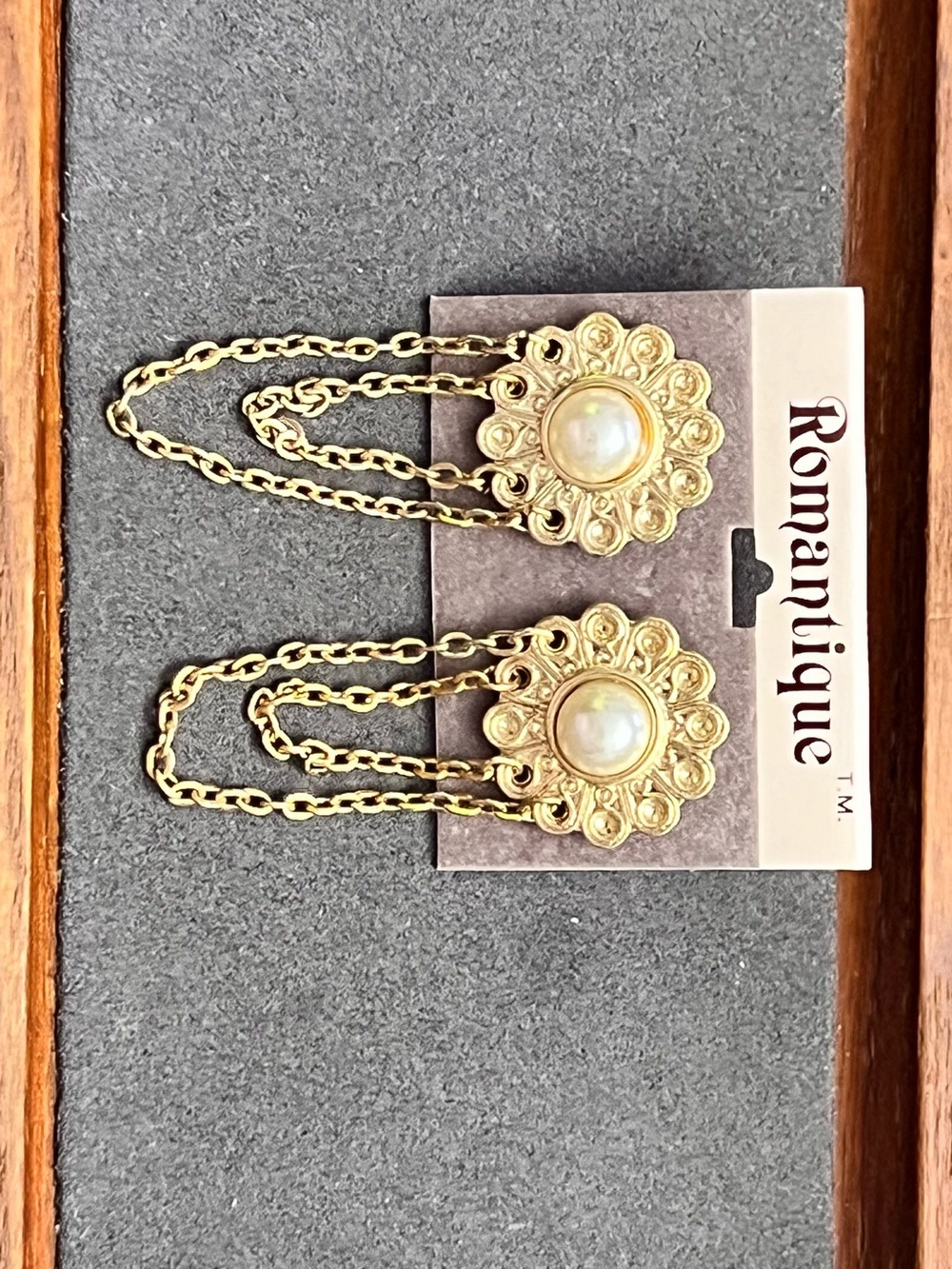 Antique Gold-Tone Pearl Floral Drop Earrings
